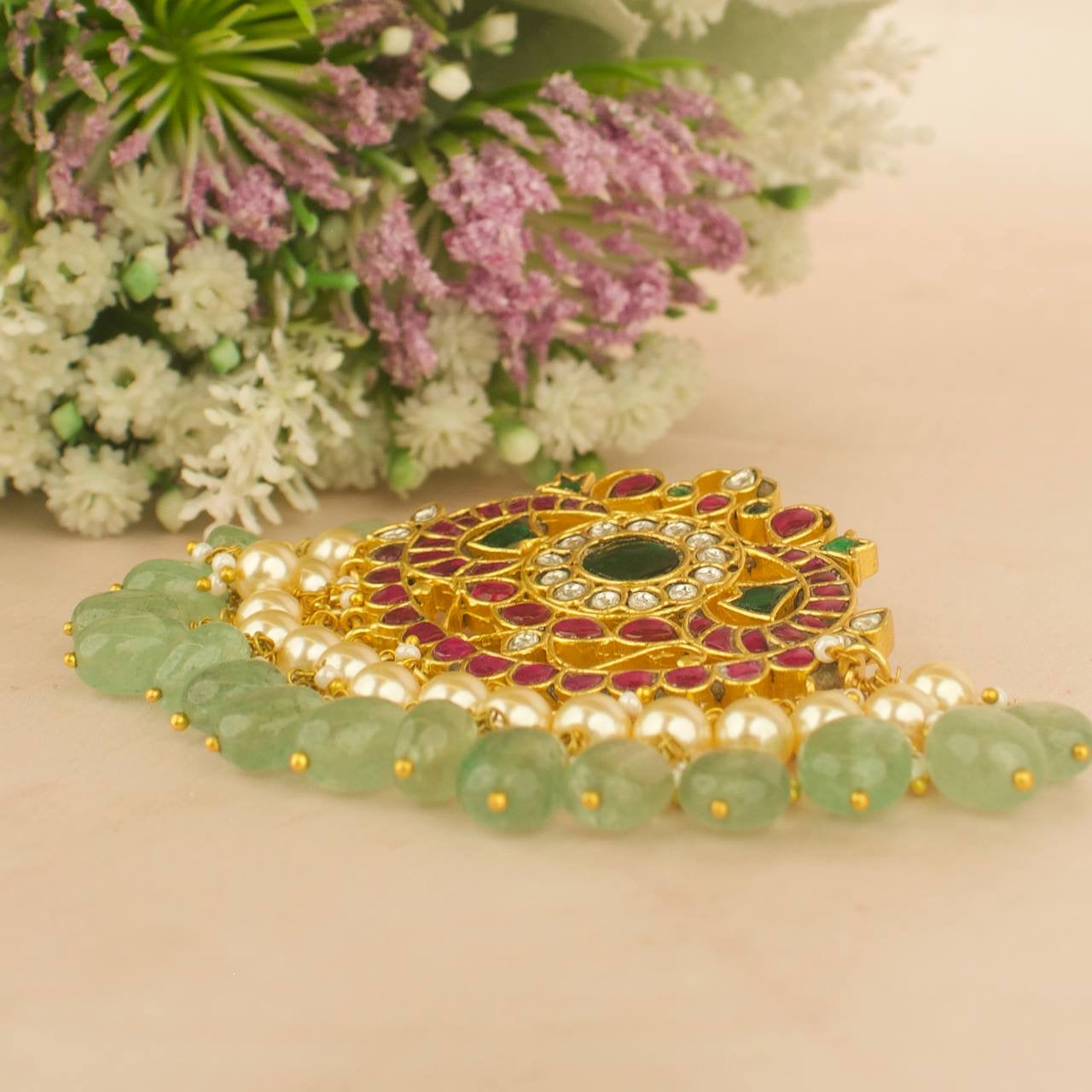 Floral structured jadau kundan beads and pearl hanging locket