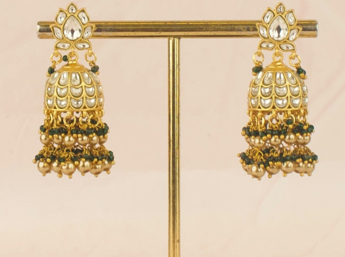 Gold Style Lotus Design Studded Jadau Kundan Jhumki - DULHAN JEWELS