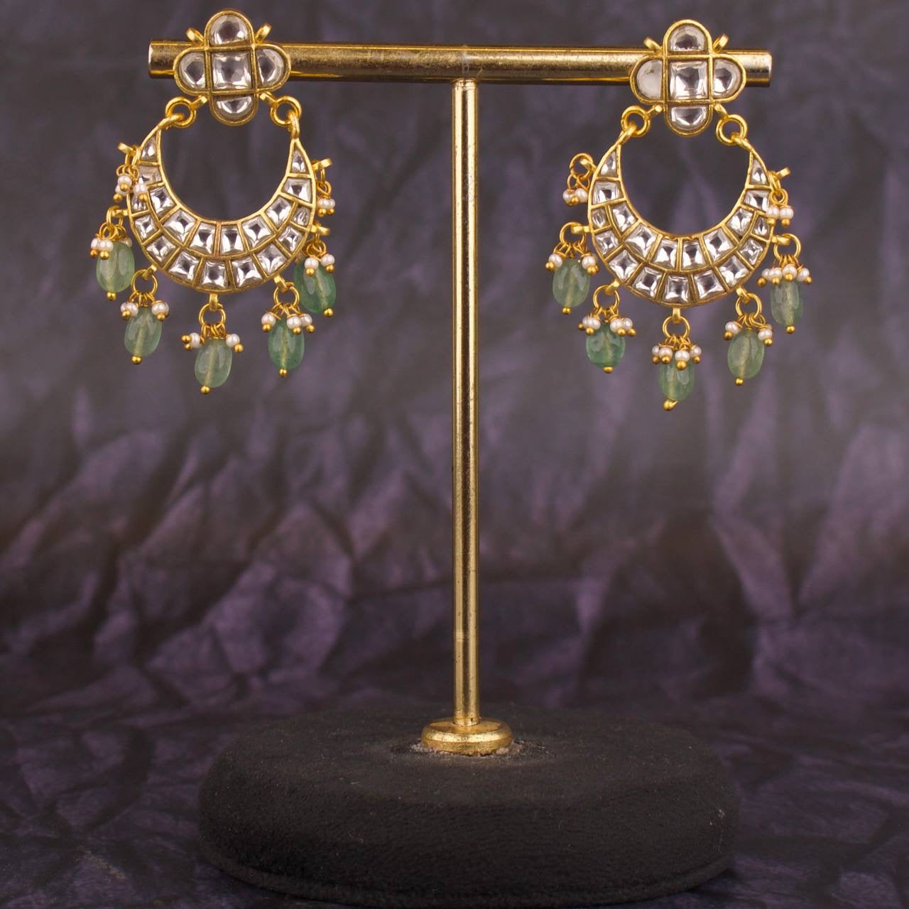 Floral Studded Sleek Jadau Kundan Chandbali Hanging Earrings