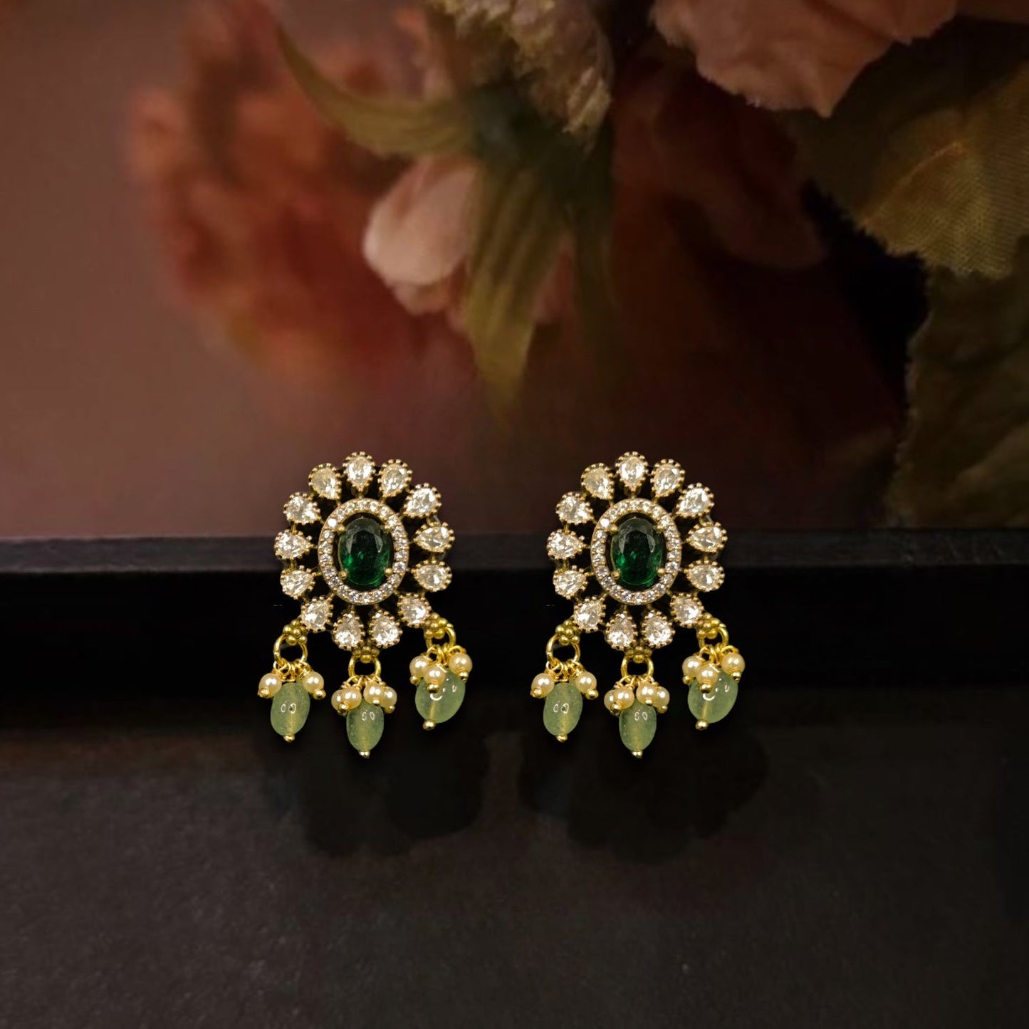Modest Victorian polki Stud Earrings with Russians beads