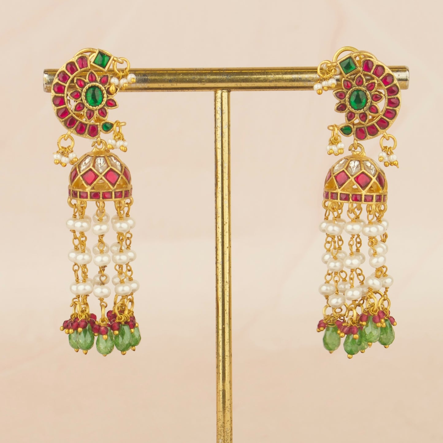 Lavish Floral Design Jadau Kundan Jhumki with White Beads Hanging