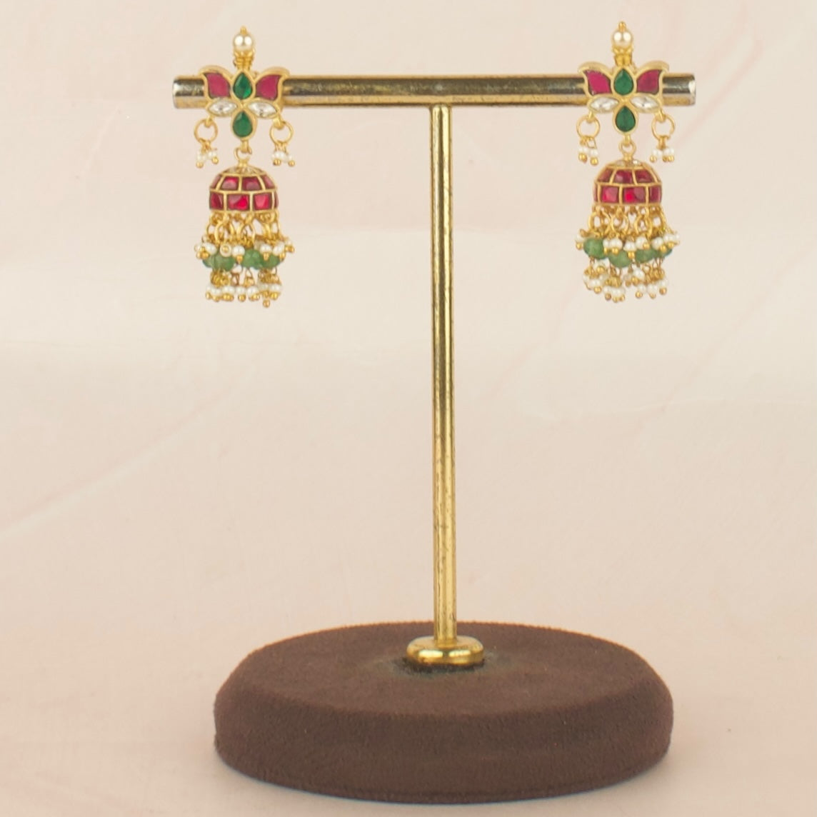 Lotus Design Studded Jadau Kundan Jhumki with Beads Hanging