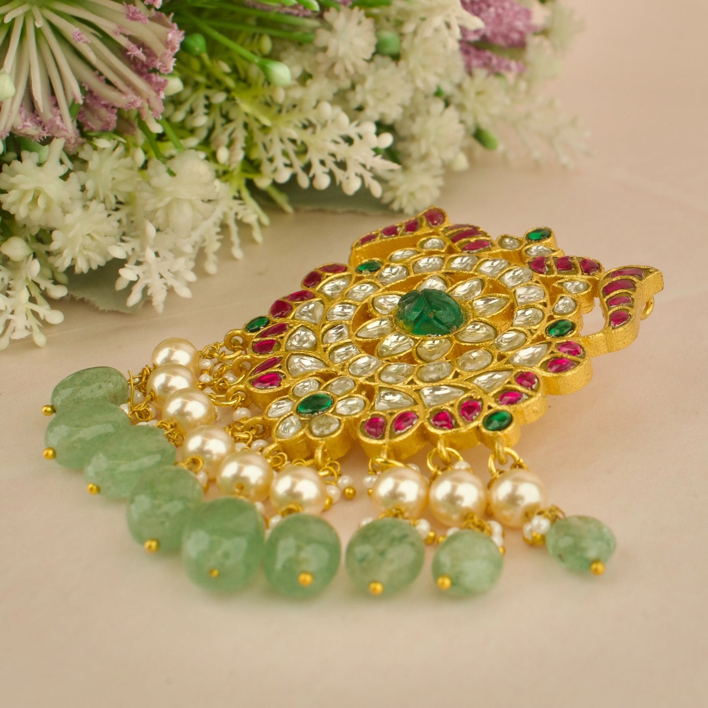 Glorious Floral Design Jadau Kundan Locket with Swarovski Pearls