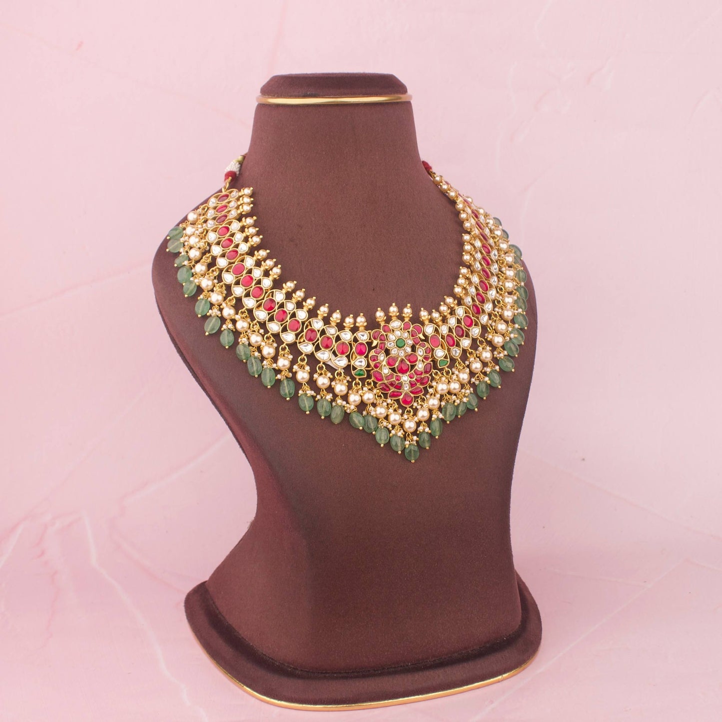 Classic Jadau Kundan Bridal Necklace With Pearl & Beads Hanging