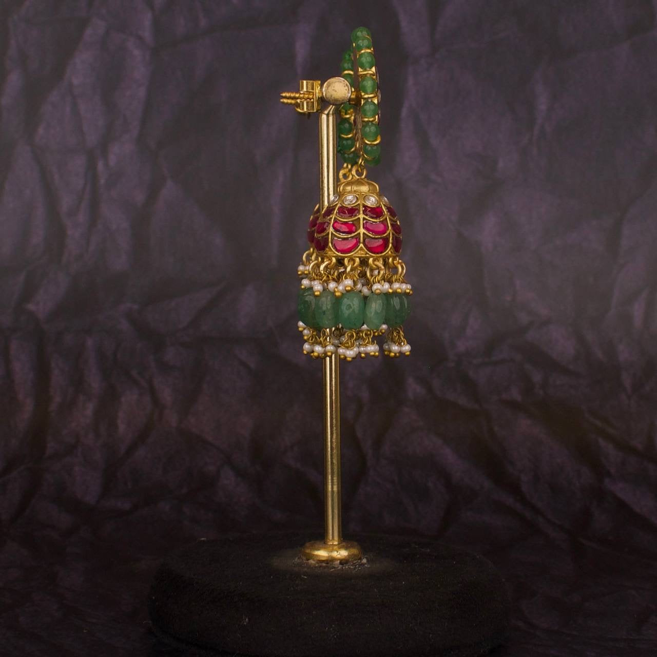 Floral Studded Jadau Kundan Beads Bordered Jhumki Earrings