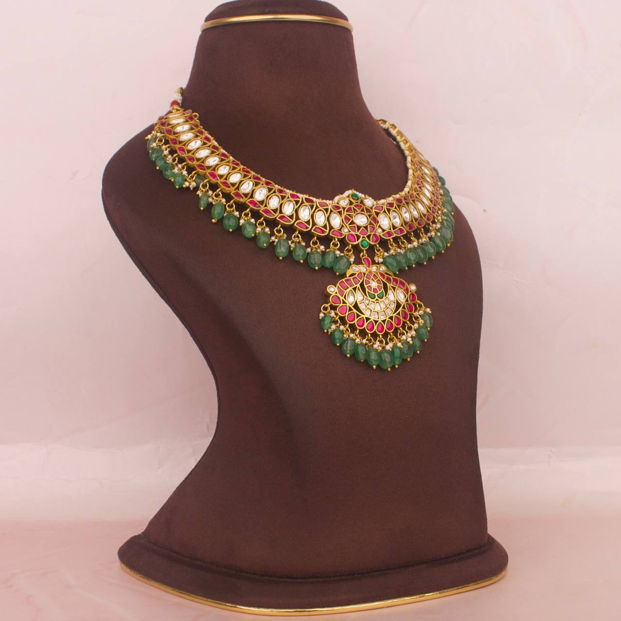 Elegant Jadau Kundan Necklace With Strawberry Beads As Hangings