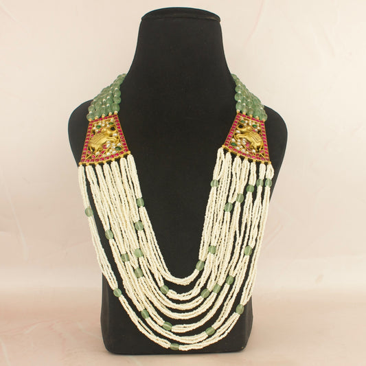 Regal Jadau Kundan Side Locket With Pearls & Beads Mala