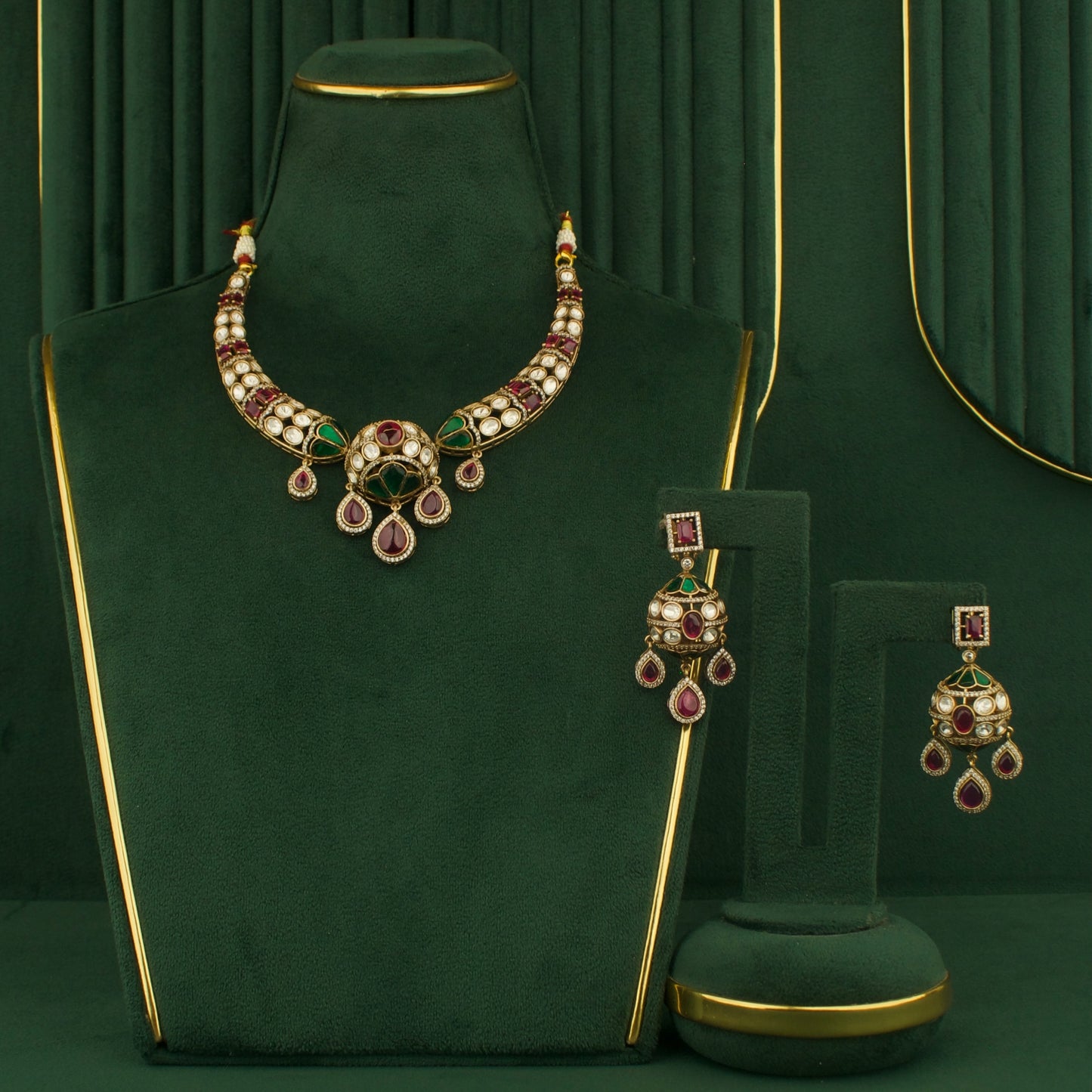 Designer Fusion Kundan & Polki Victorian Necklace with Matching Earrings