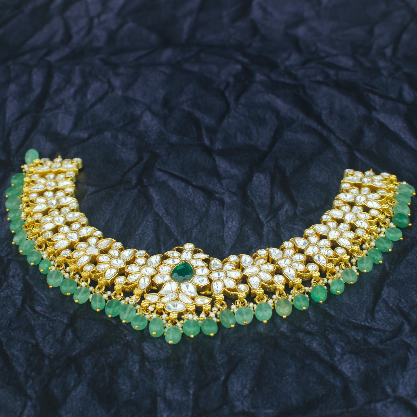Royal Moissanite Polki Short Necklace with Green Beads Hanging