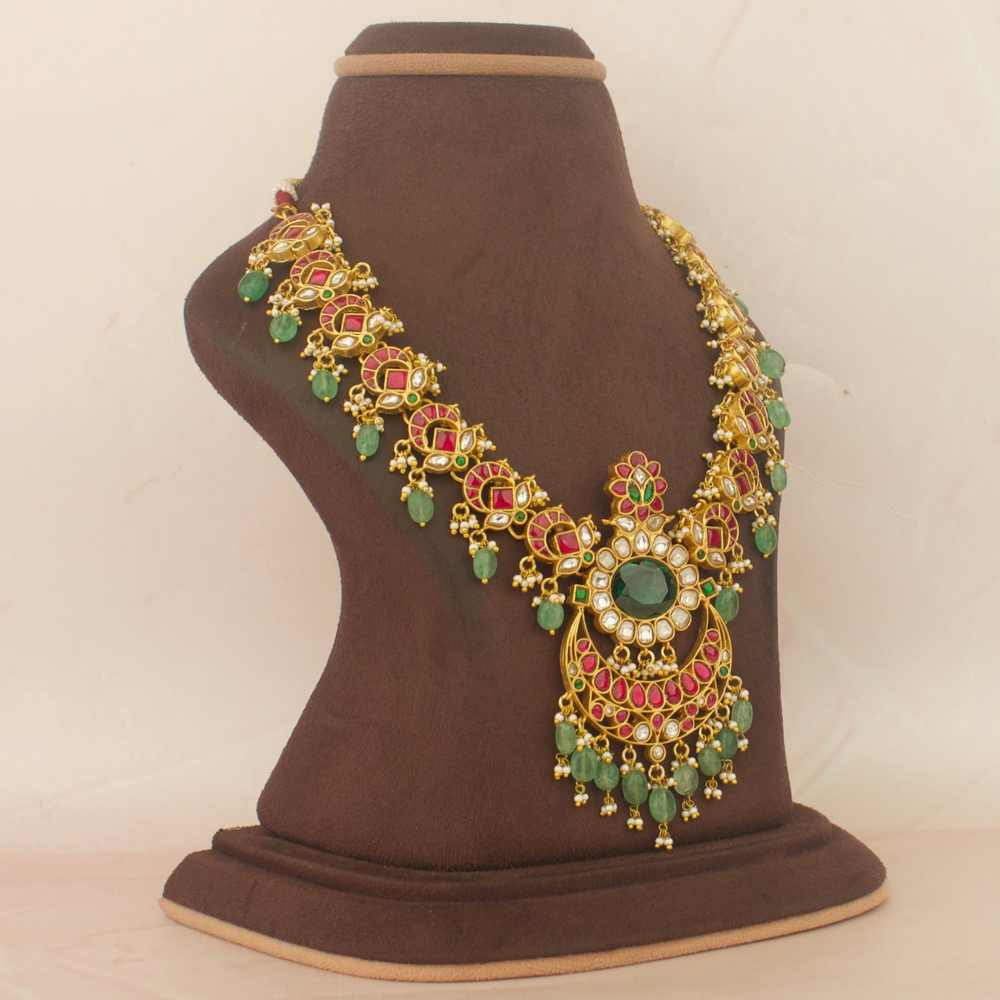 Unique Jadau Kundan Necklace With Emerald Stone Locket