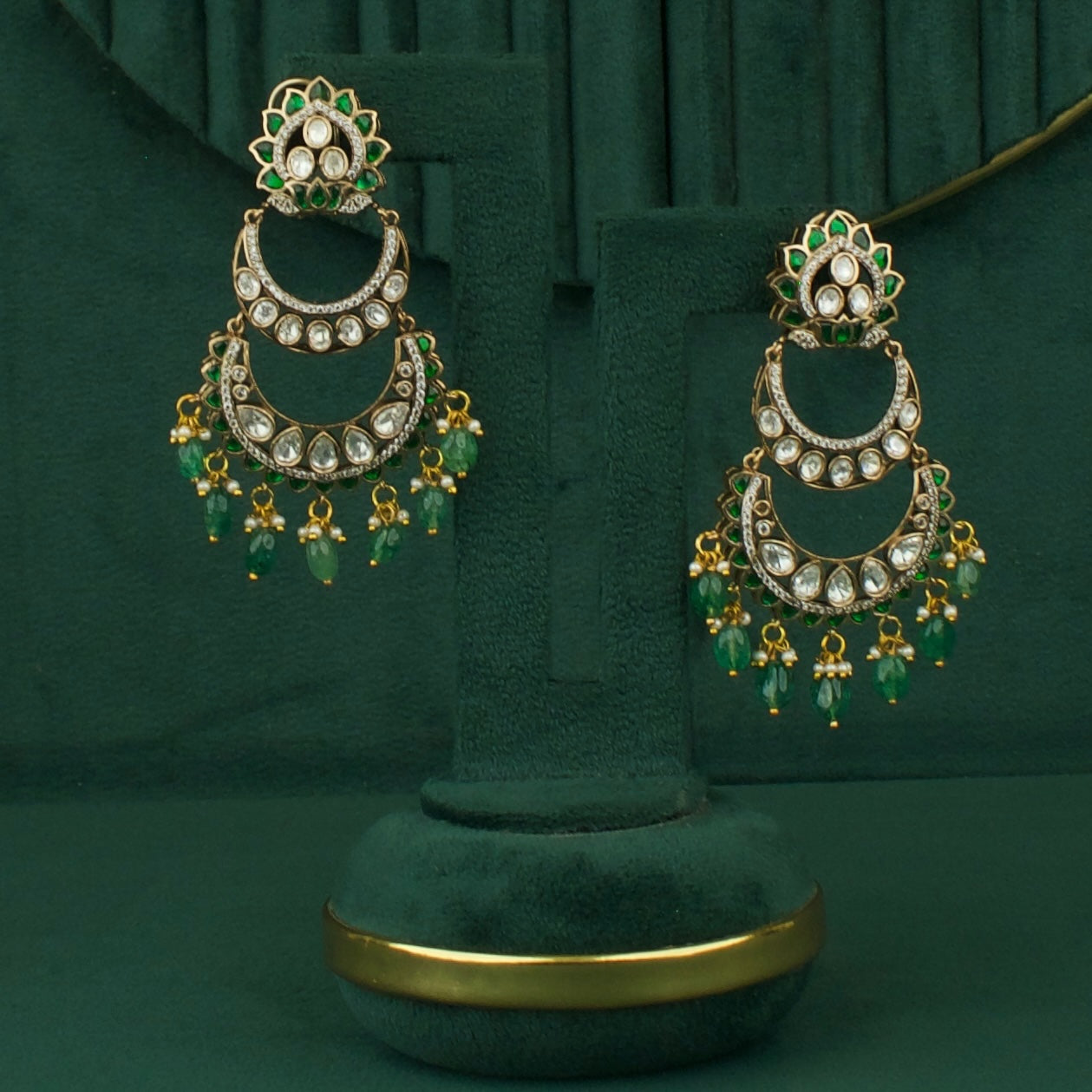 Bridal Step-By-Step Victorian Chand Bali Earrings with Green Beads