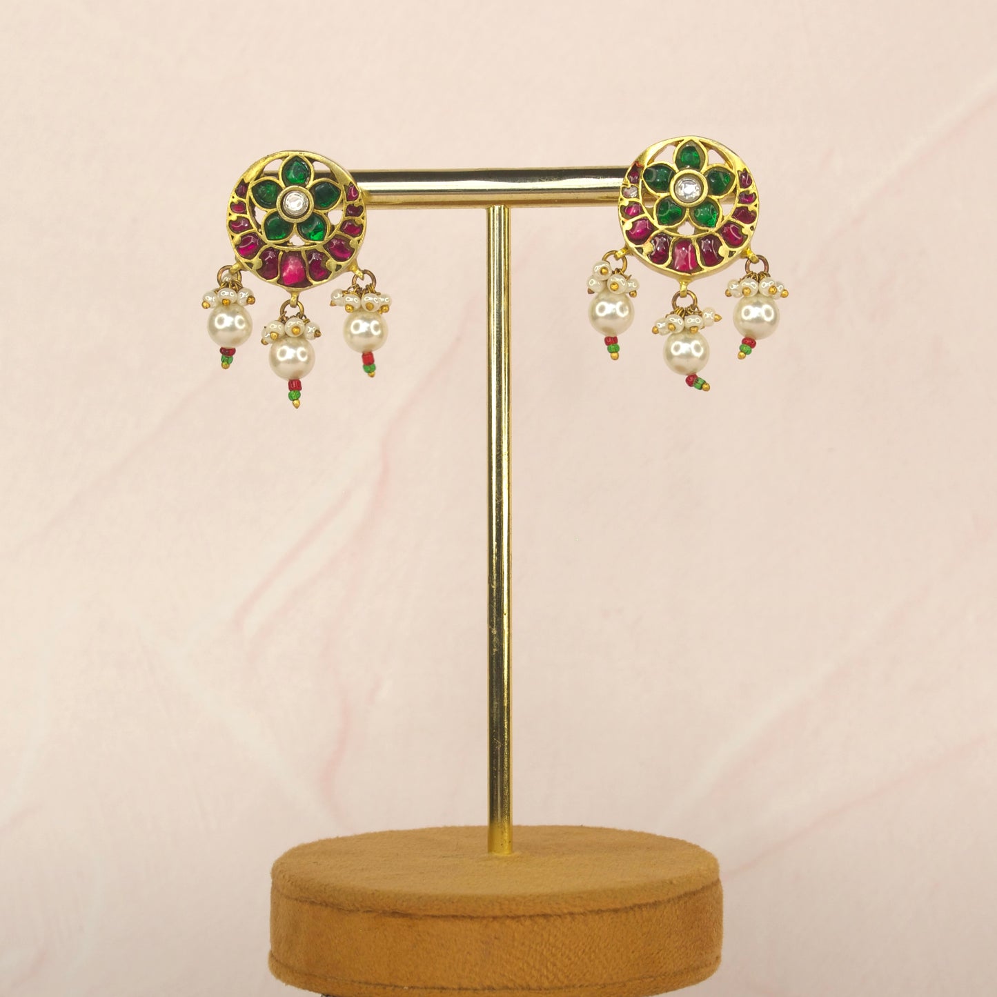 Intricate Flower Stud Earrings in Jadau Kundan with Pearls - DULHAN JEWELS