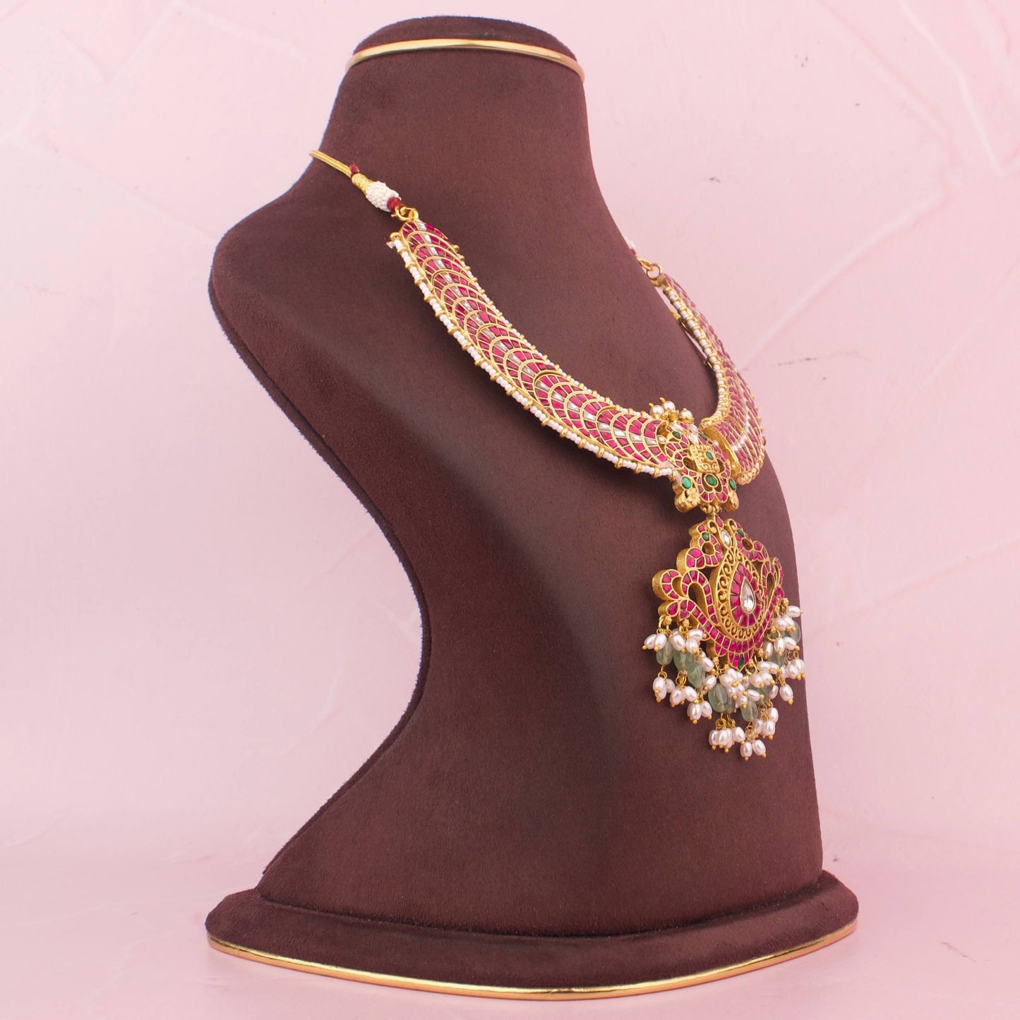 Imperial Jadau Kundan Chand Locket Necklace With Peacock Centerpiece And Pearl-Green Hangings