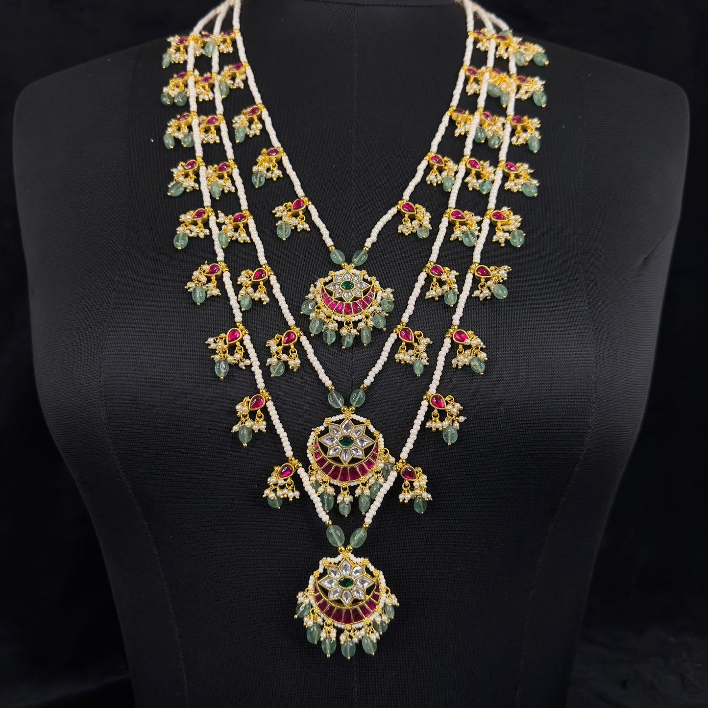 Gold Plated Three Layer Pearl Necklace - DULHAN JEWELS
