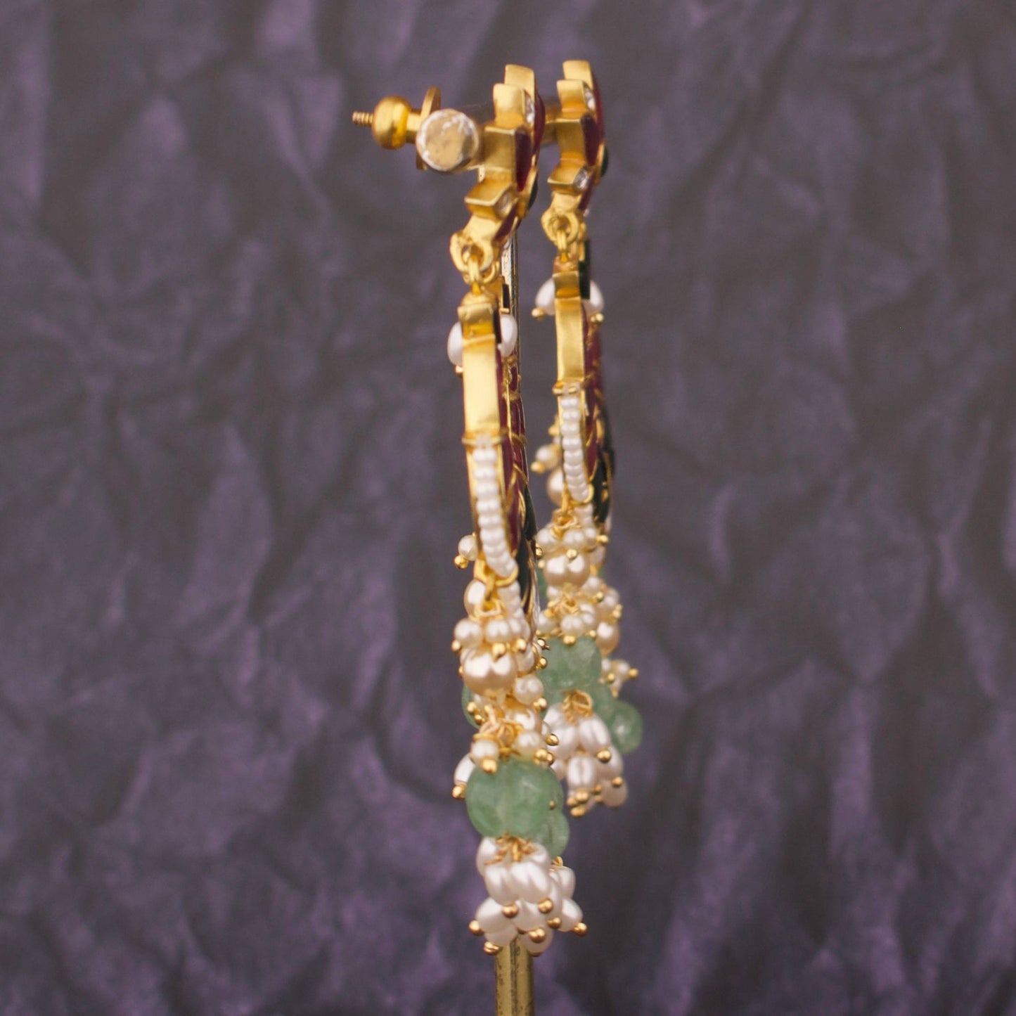 Grand Lotus Design Jadau Kundan Chand Bali with Beads Hanging