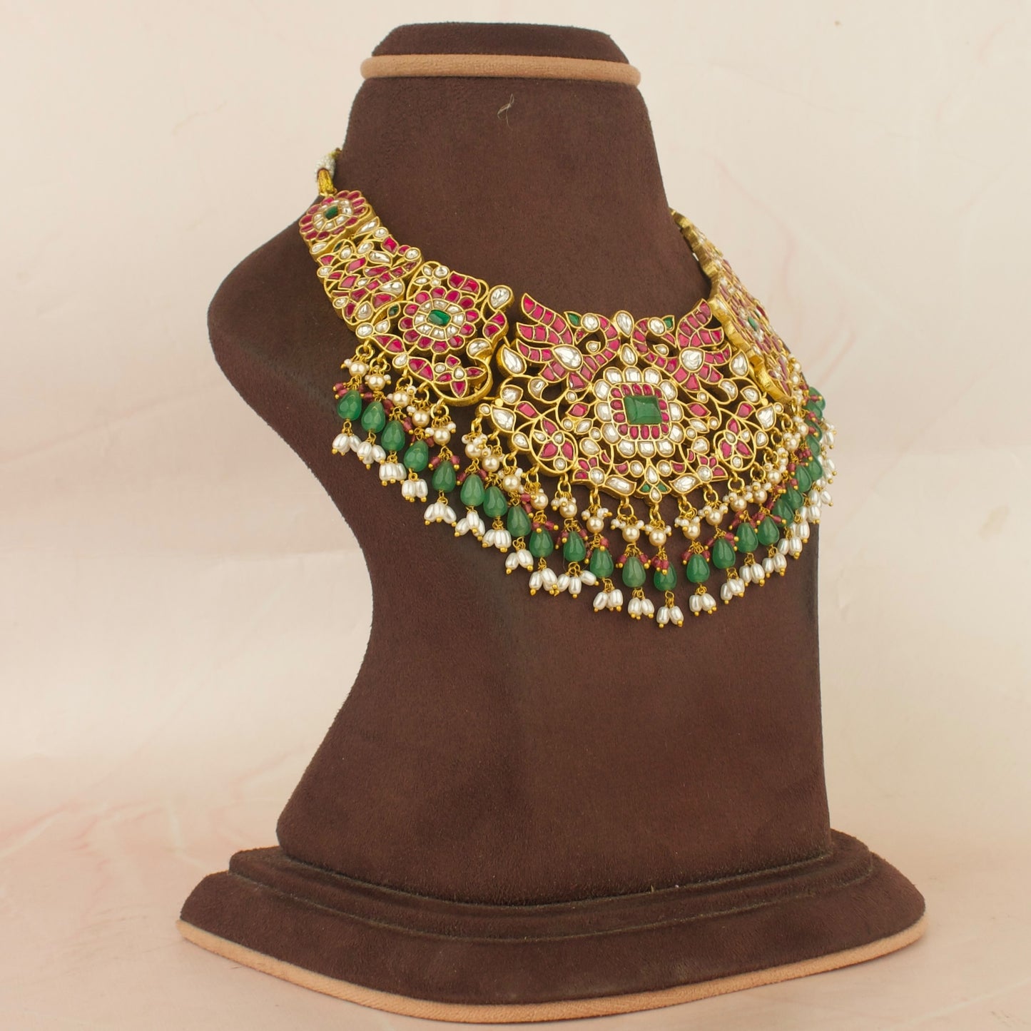BridalSquared Peacock Design Jadau Kundan Necklace with Beads Hanging
