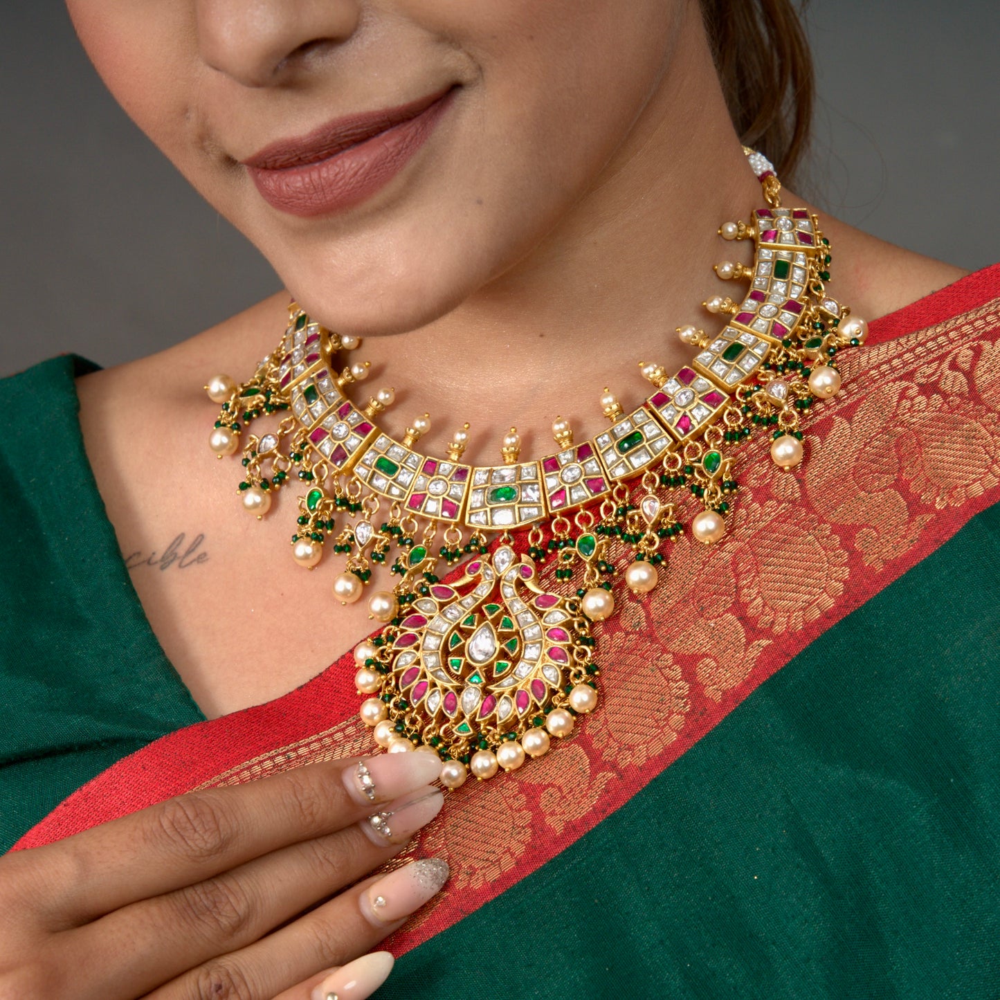 Opulent Jadau Kundan Necklace with Pearl and Green Accents - DULHAN JEWELS