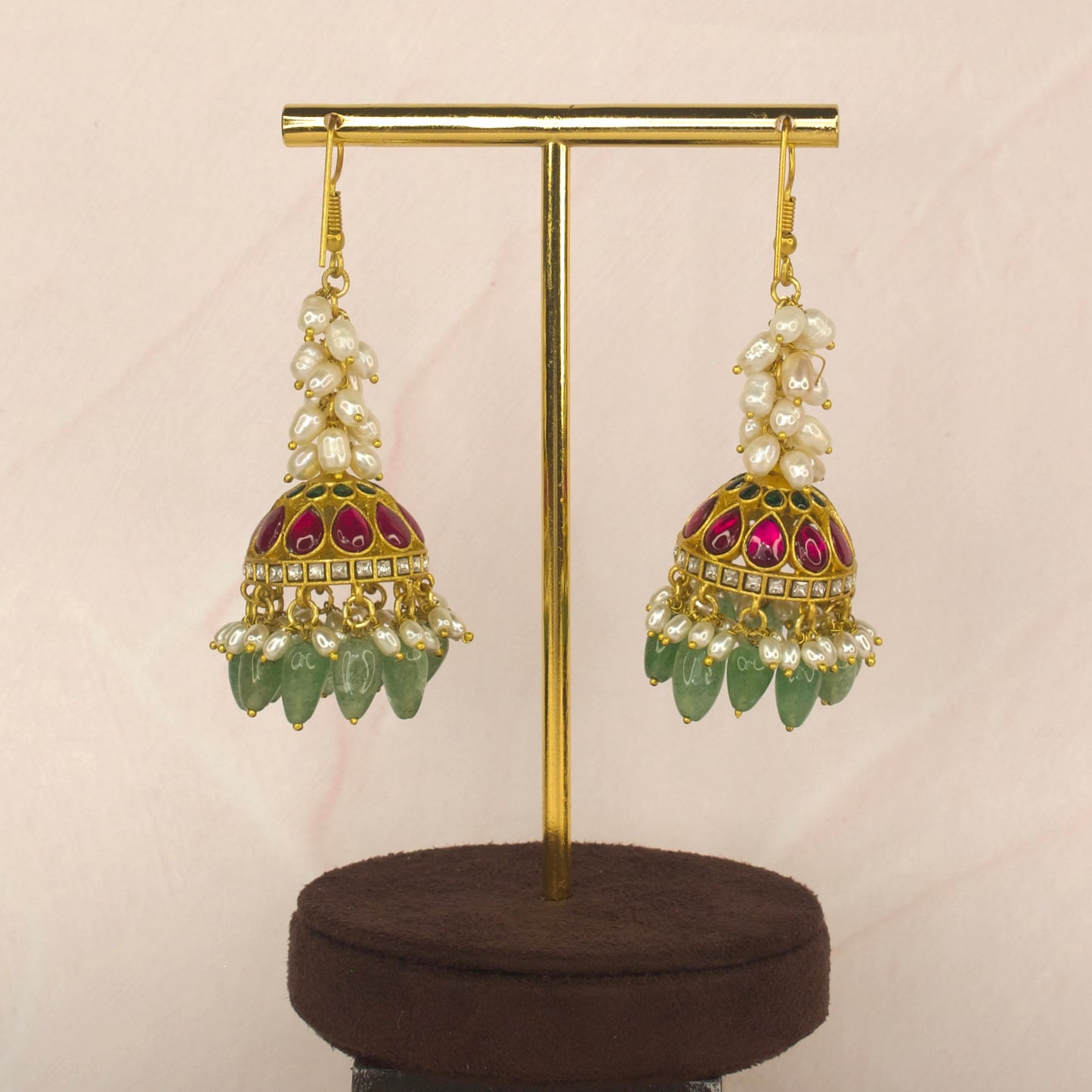 Alluring Hook Jadau Kundan Jhumkas with rice pearls and Beads - DULHAN JEWELS