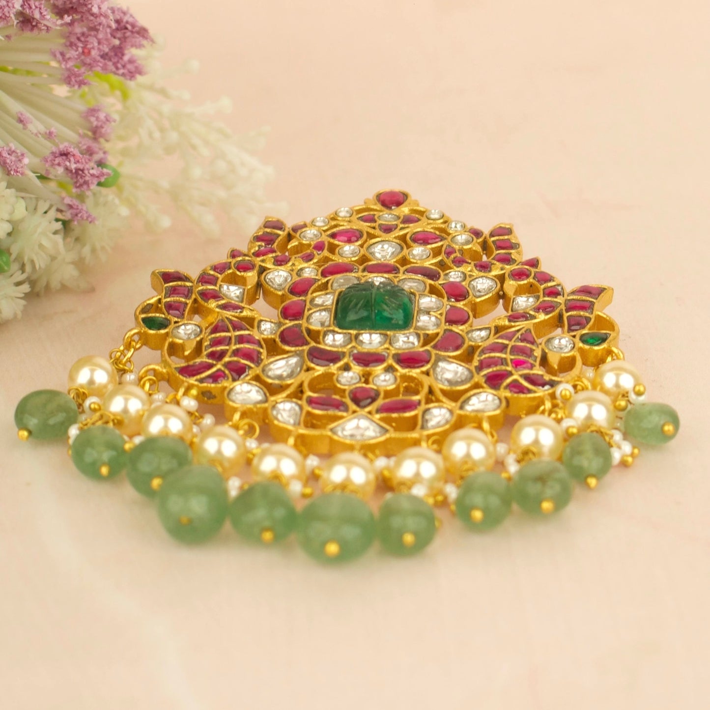 Dazzling Jadau Kundan Locket With Swarovski Pearl & Pumpkin Beads Hanging