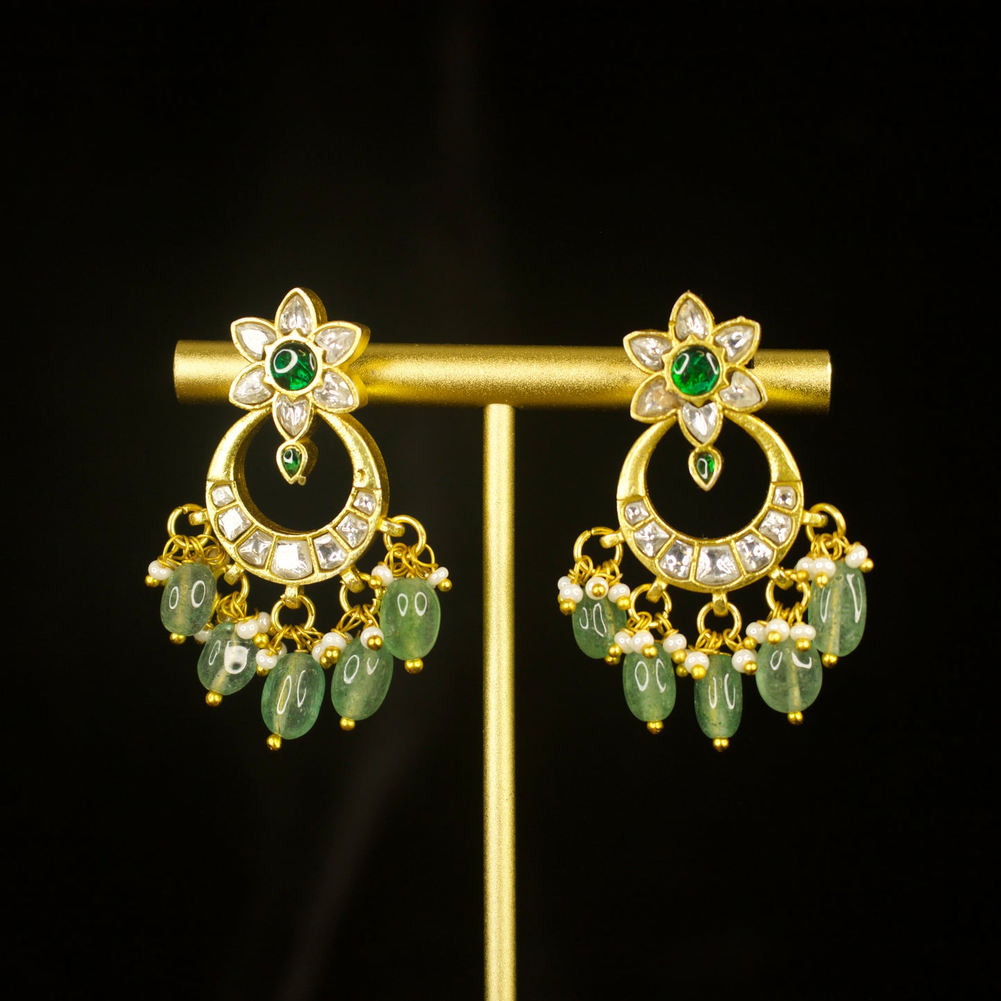 Floral Design Jadau Kundan Chandbali with Green Drops