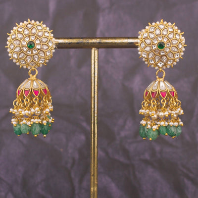 Floral Studded Jadau Kundan Jhumki Earrings With Green Beads