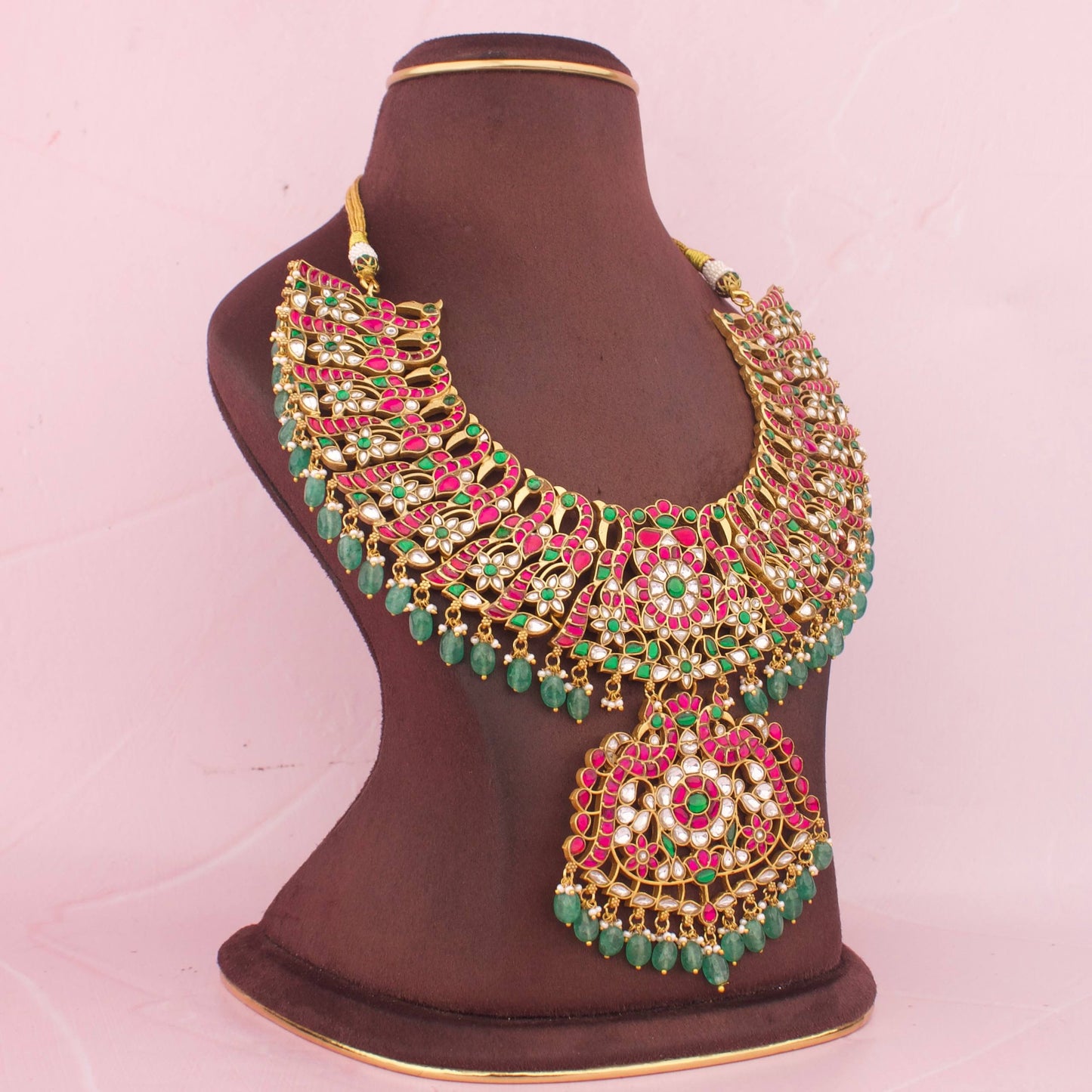Grand Bridal Jadau Kundan Statement Necklace With Emerald Drops