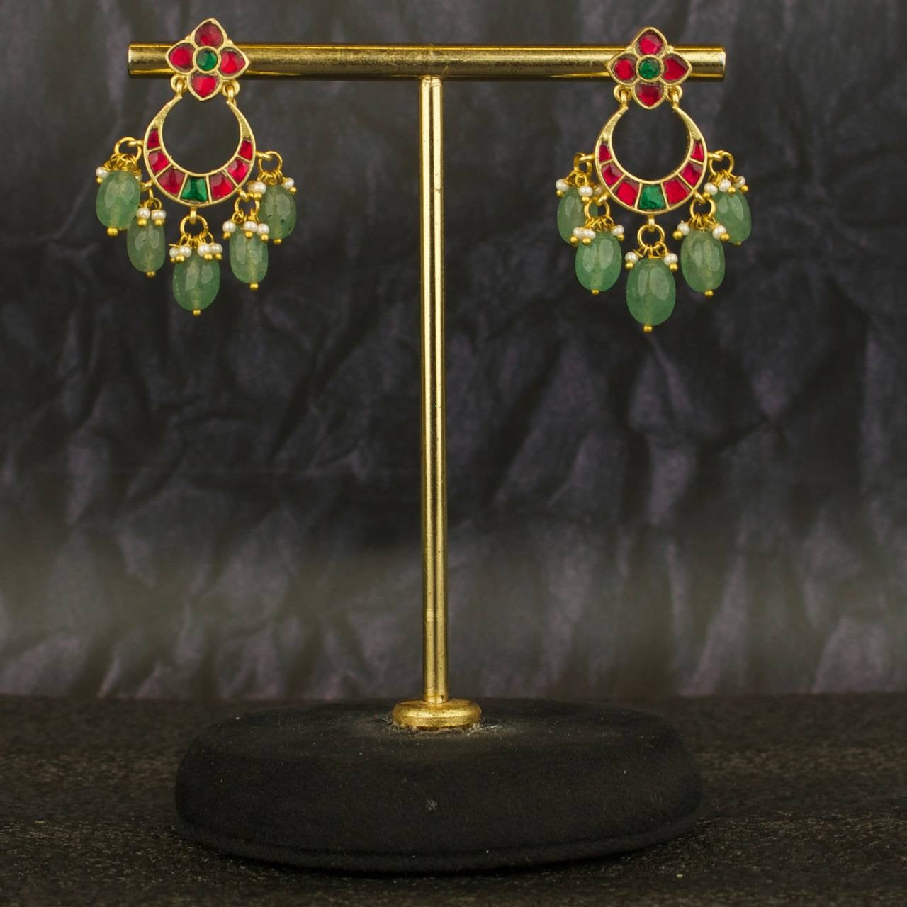 Floral Studded Sleek Chandbali Kundan Earrings
