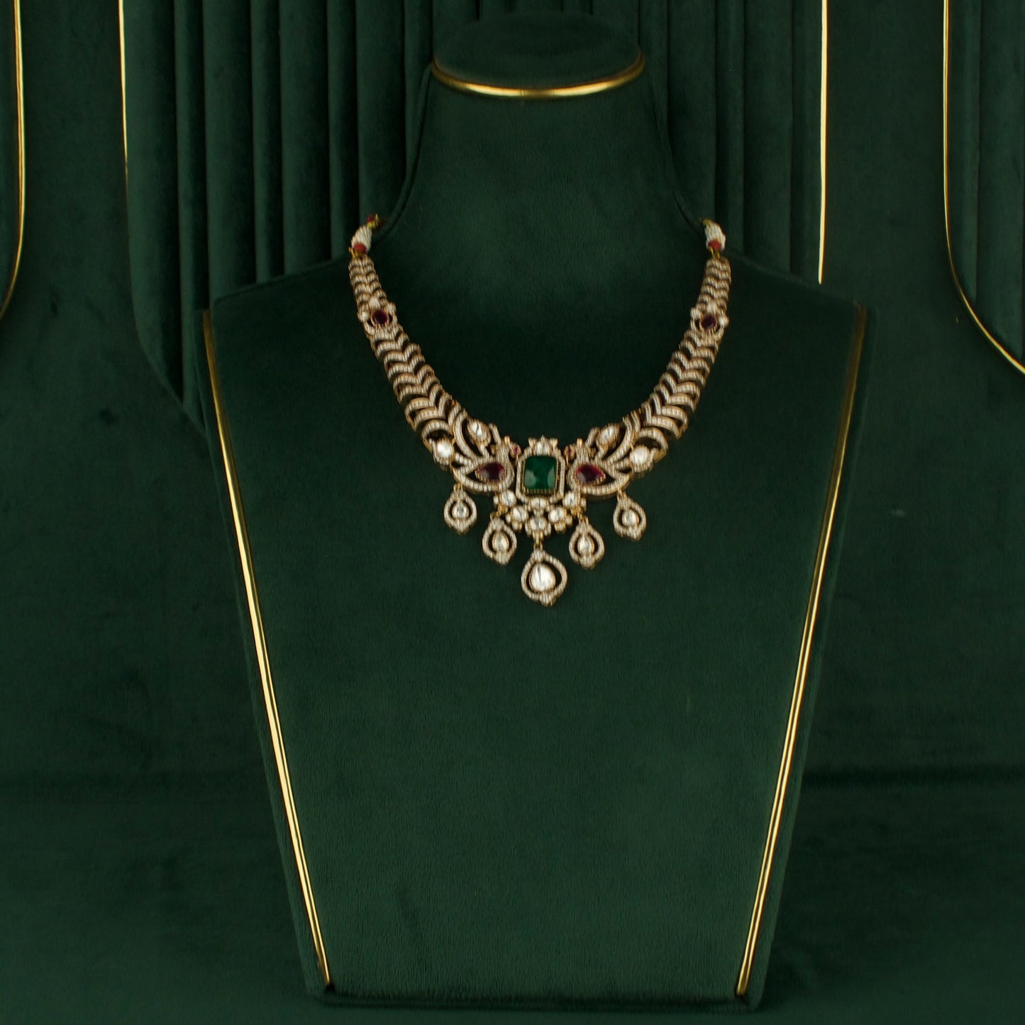 Deluxe Peacock Design Fusion Kundan & Polki Victorian Necklace Set
