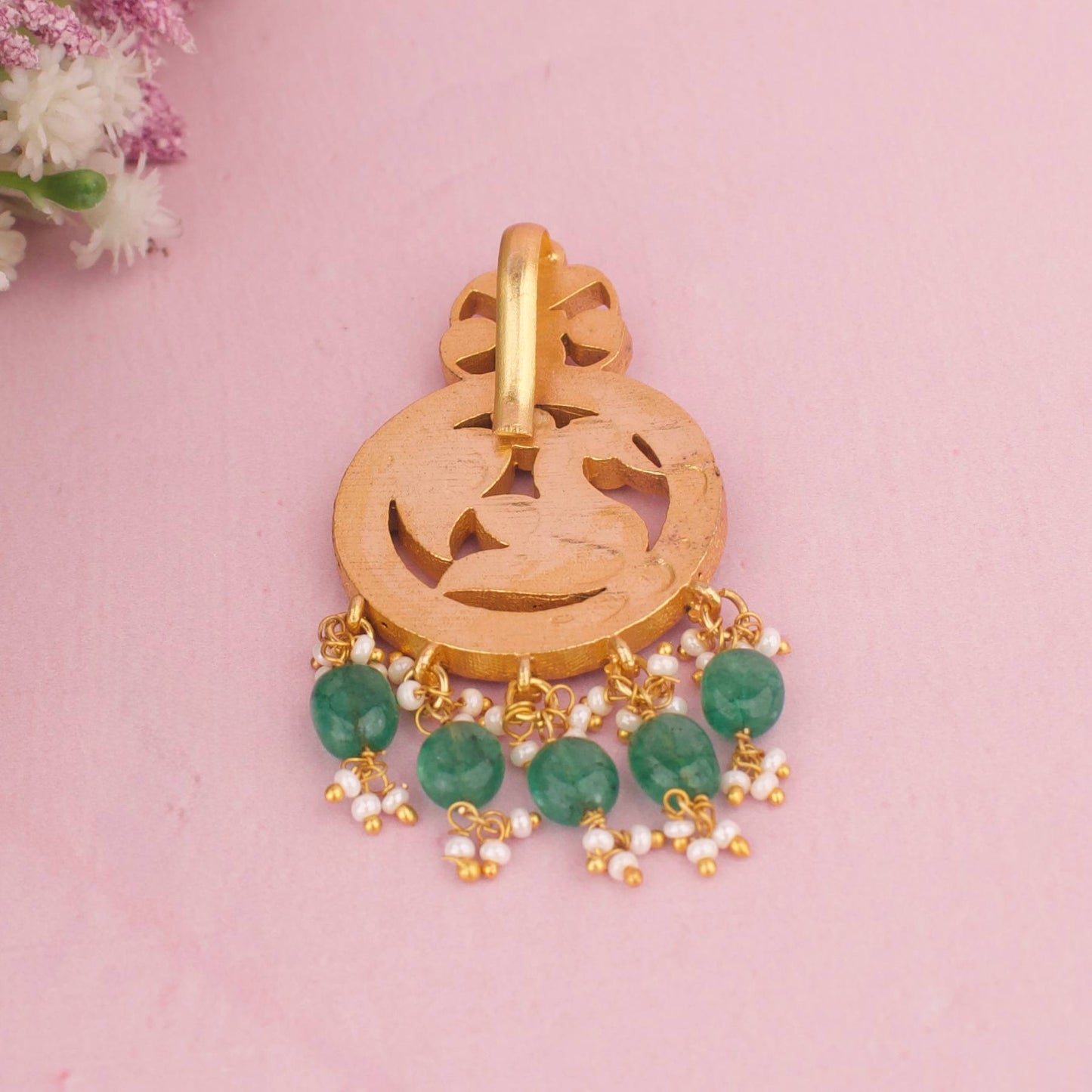 Jadau Kundan Peacock Pendant With Emerald Drops