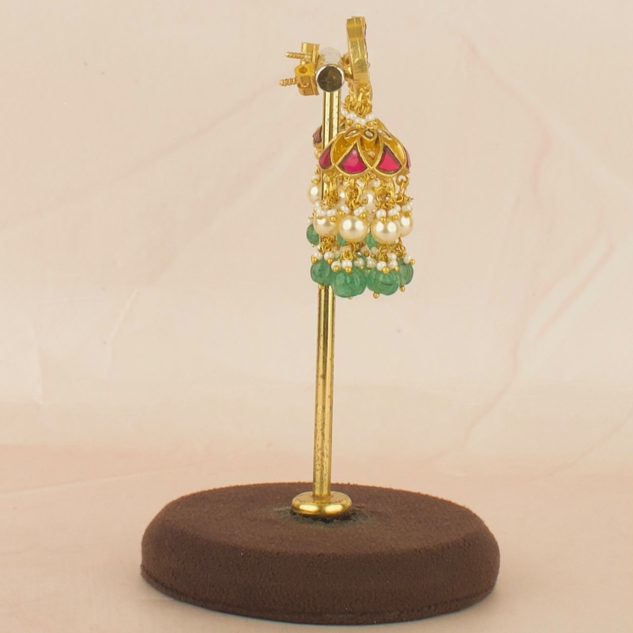 Peacock Design Studded Jadau Kundan Jhumki with Green Beads