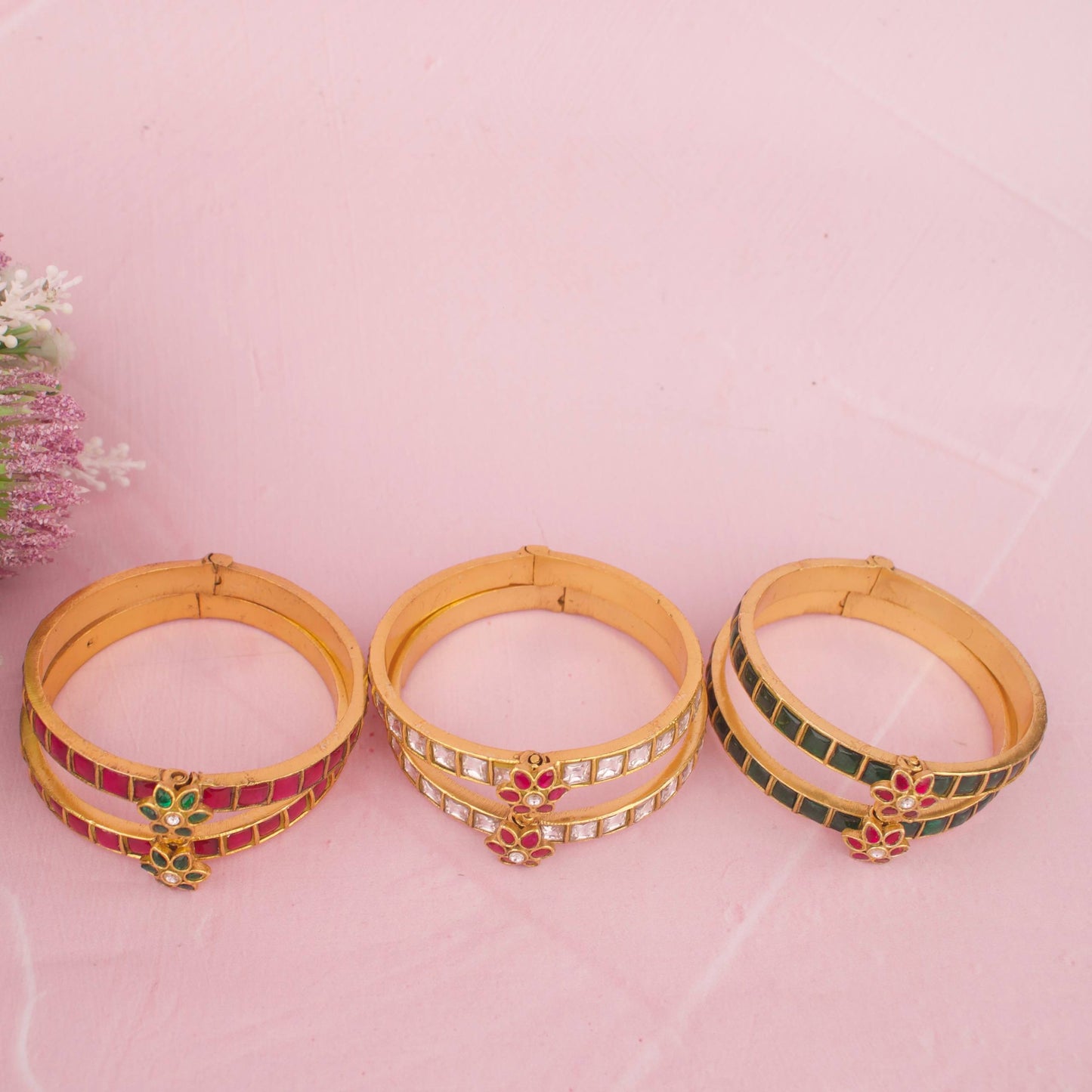 Handcrafted detail view of Gold Finish Jadau Kundan Bangles With Floral Center Motif jewelry piece