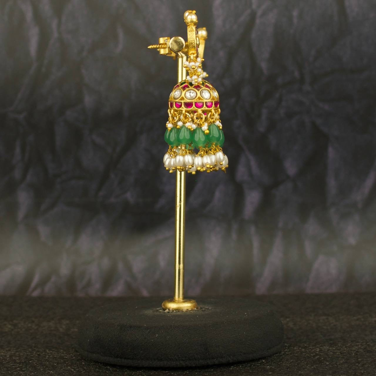 jhumki earrings gold with green beads and white pearls