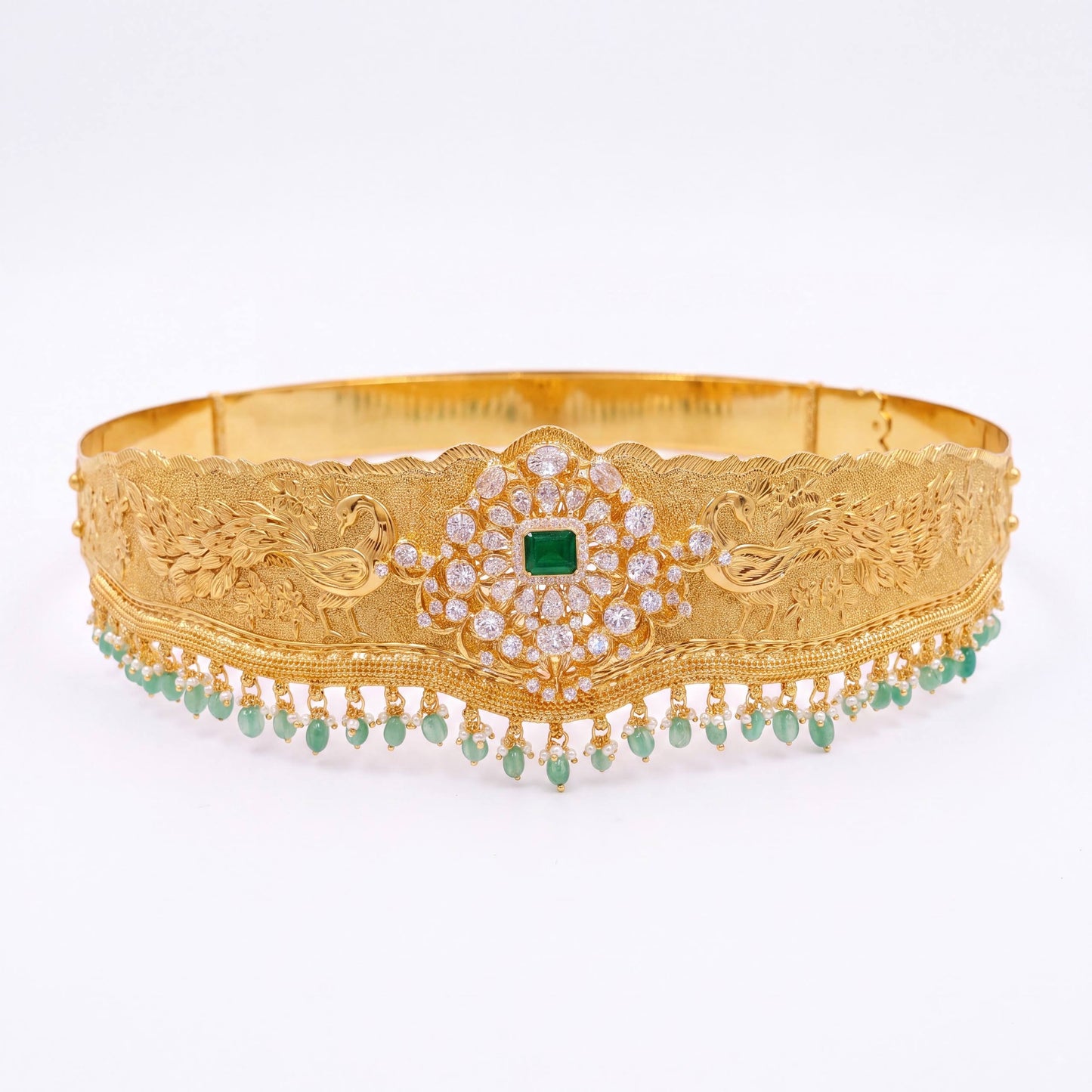 Gold Inspired Hipbelt / Vaddanam With Green Beads Hangings