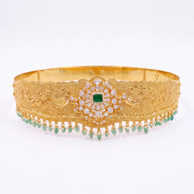 Gold Inspired Hipbelt / Vaddanam With Green Beads Hangings