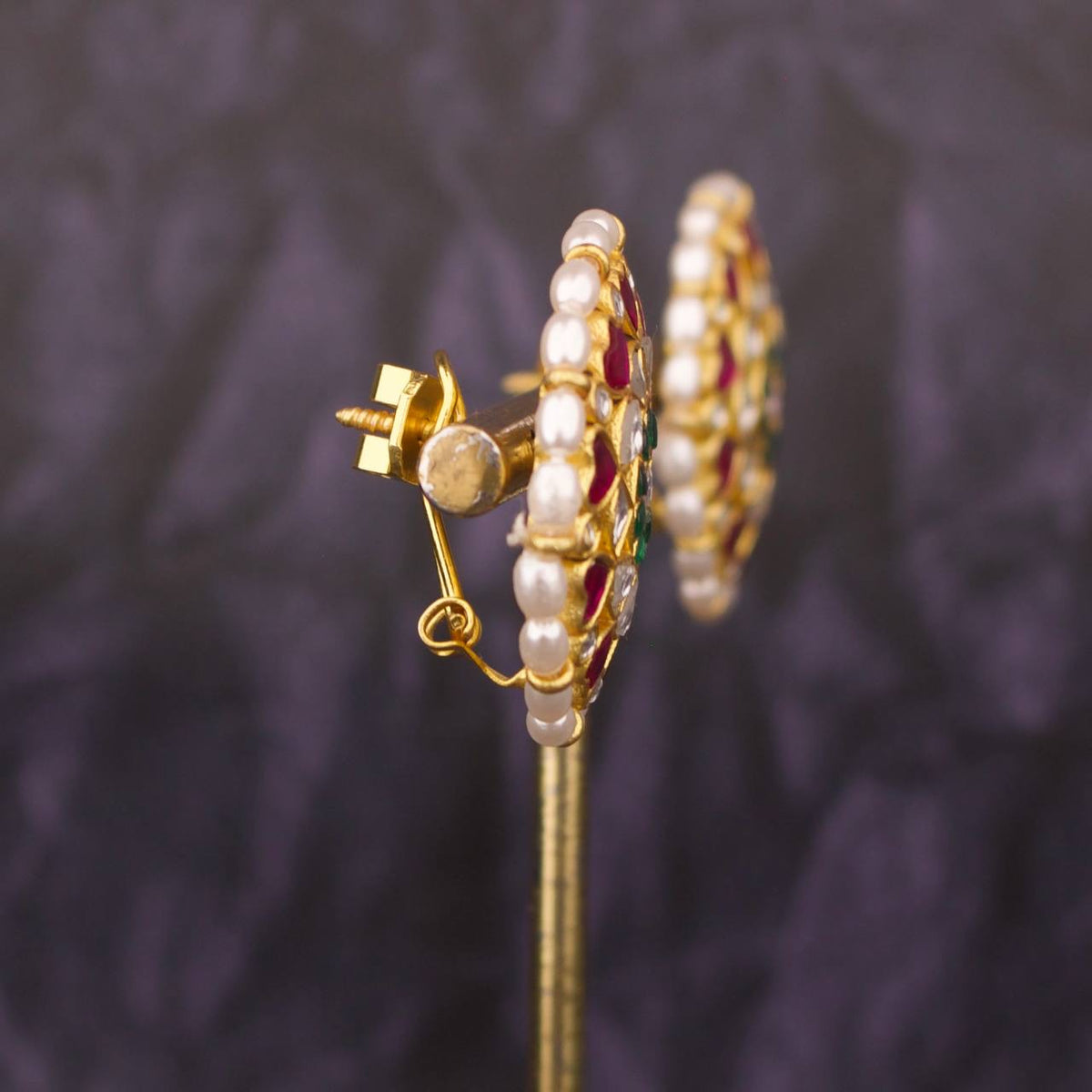 Floral Studded Jadau Kundan Stud Earrings With Ricepearl Bordering - Alternate View 1
