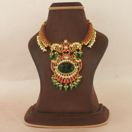 Heritage Peacock Design Jadau Kundan Kanti Necklace with beads