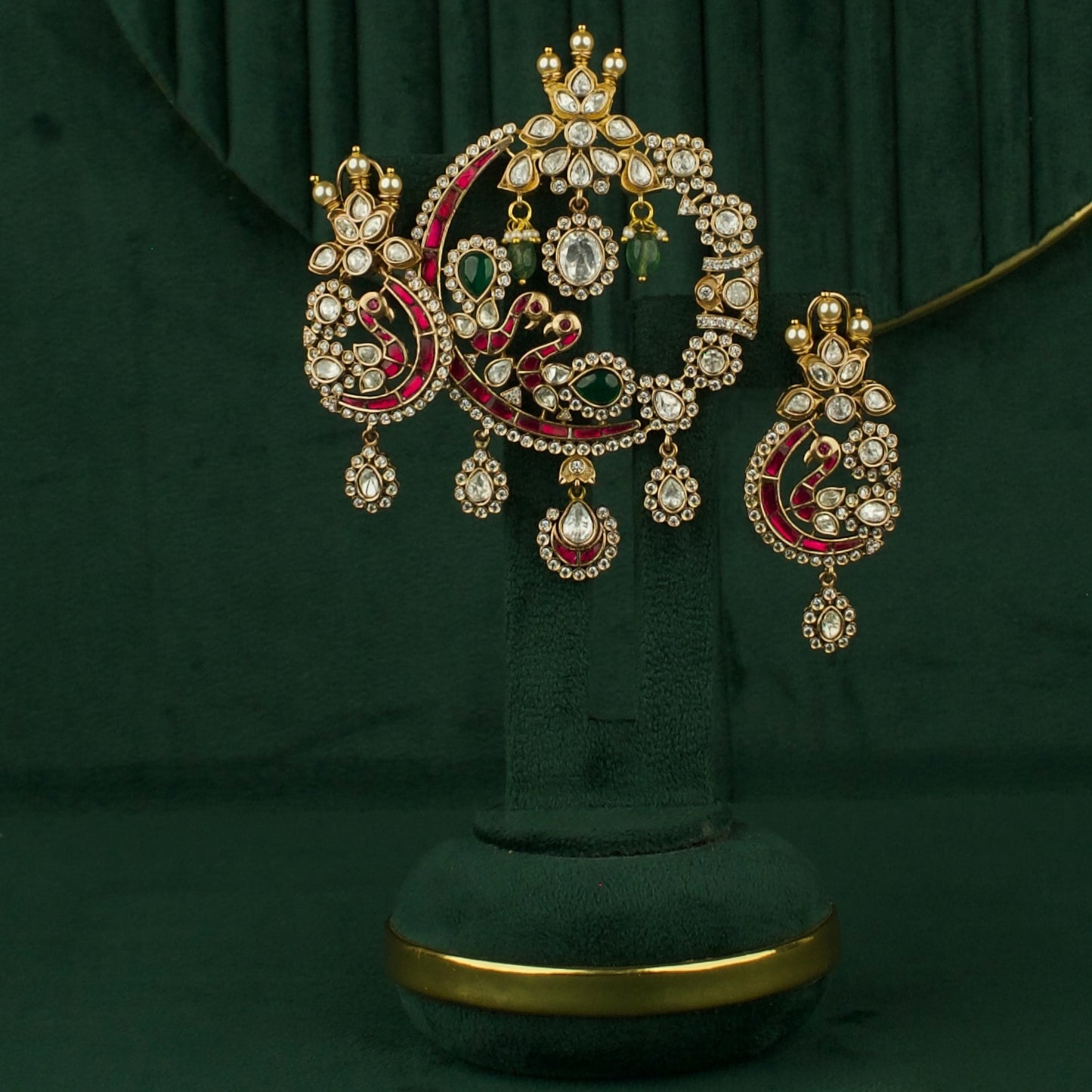 Bridal Peacock Design Fusion Kundan & Polki Victorian Pendant Set