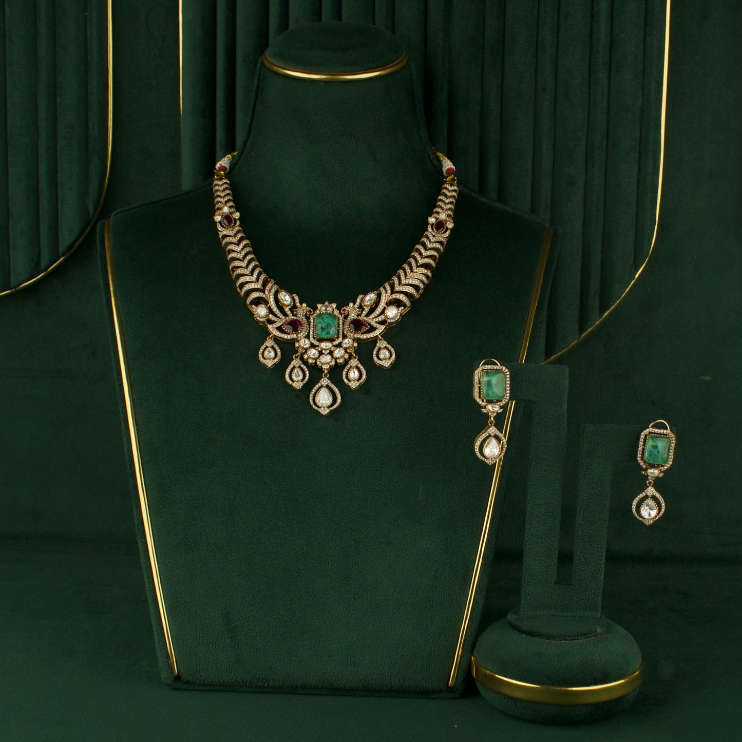 Deluxe Peacock Design Fusion Kundan & Polki Victorian Necklace Set