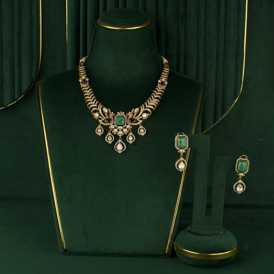 Deluxe Peacock Design Fusion Kundan & Polki Victorian Necklace Set