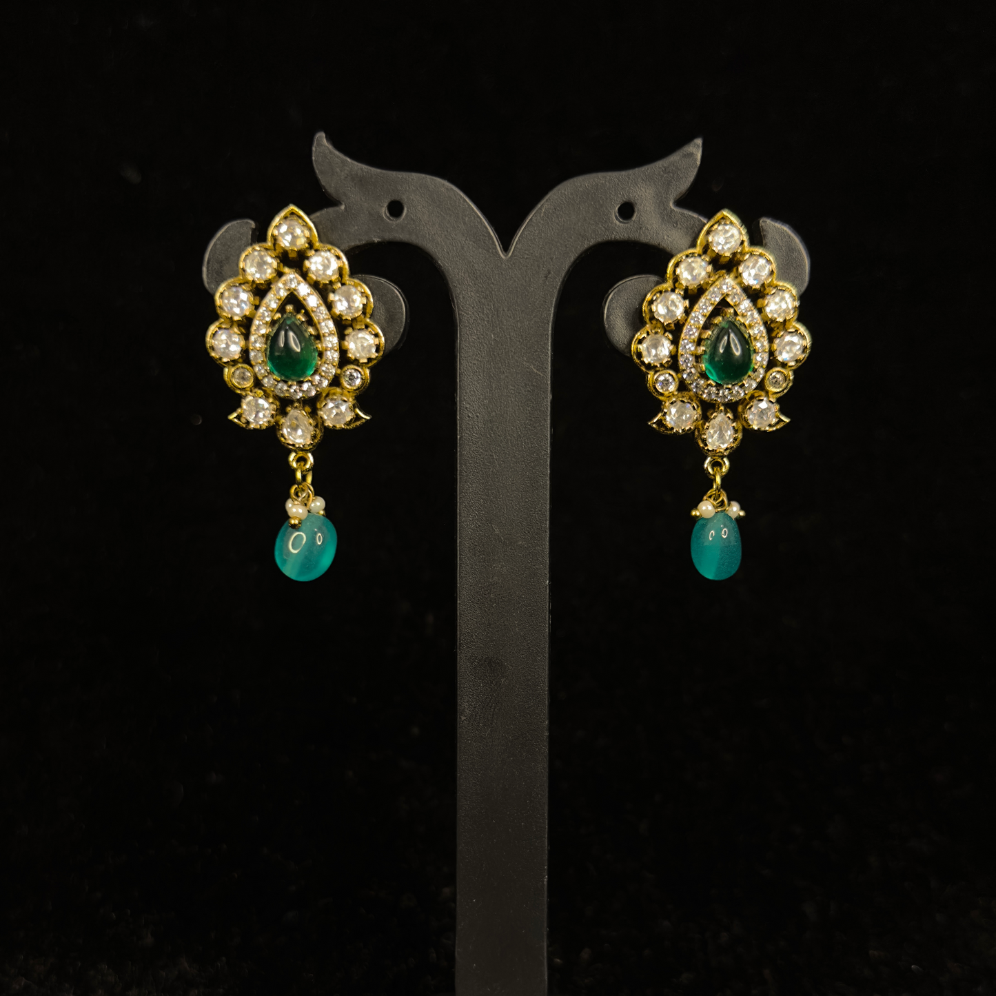 Leaf Design Victorian Moissanite Studs with onyx beads drops. This Victorian Jewellery is available in a Green colour variant.