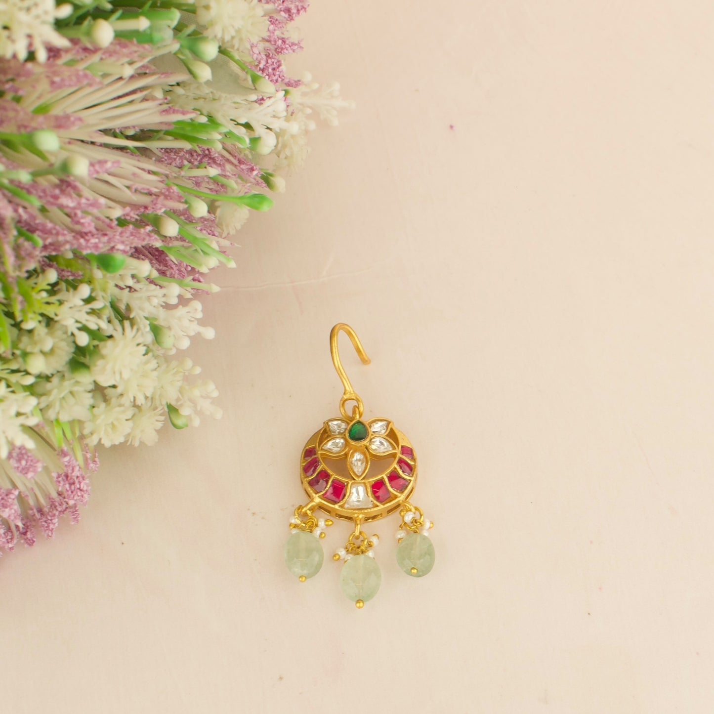 Chand flower Design Jadau Kundan Maangtikka With Green Beads