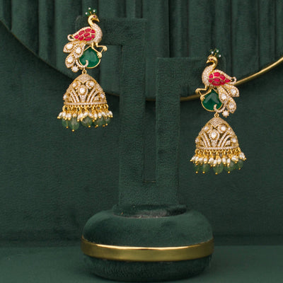 Lavish Peacock Victorian Jhumki Earrings With Emerald Beads