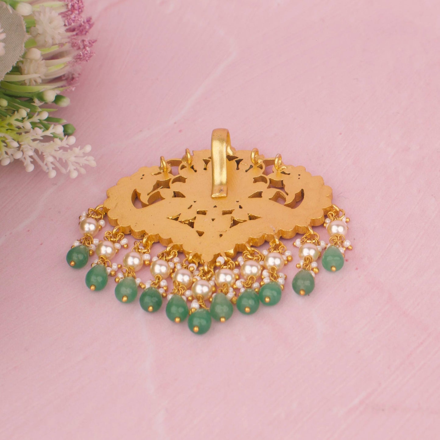 Dual Floral Design Jadau Kundan Pendant With Green Beads