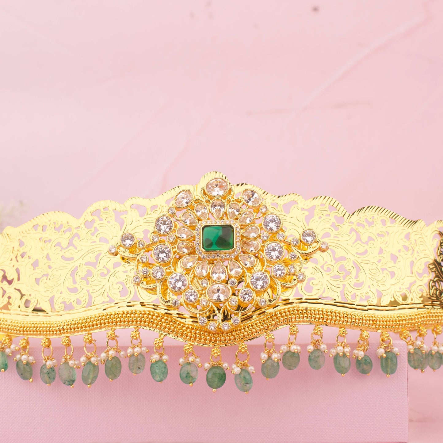 Traditional Jadau Kundan Hip Belt With Green Hangings