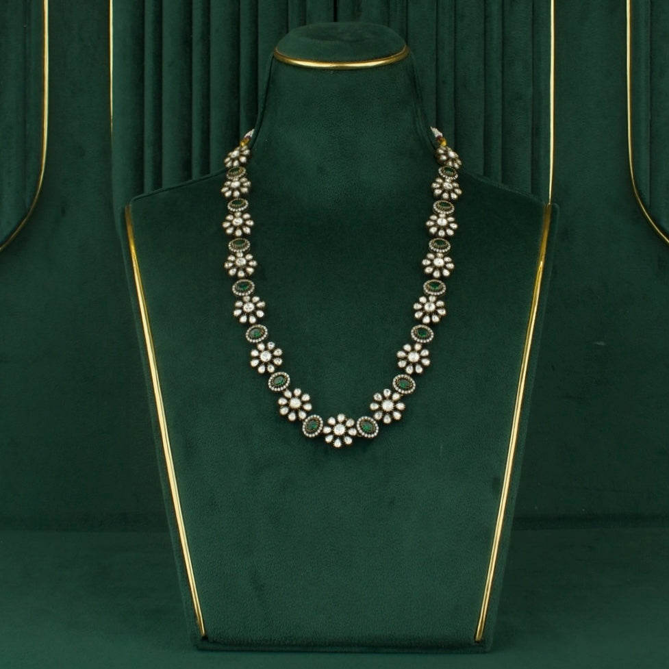 Floral Sleek Design Polki Victorian Necklace With Matching Earrings