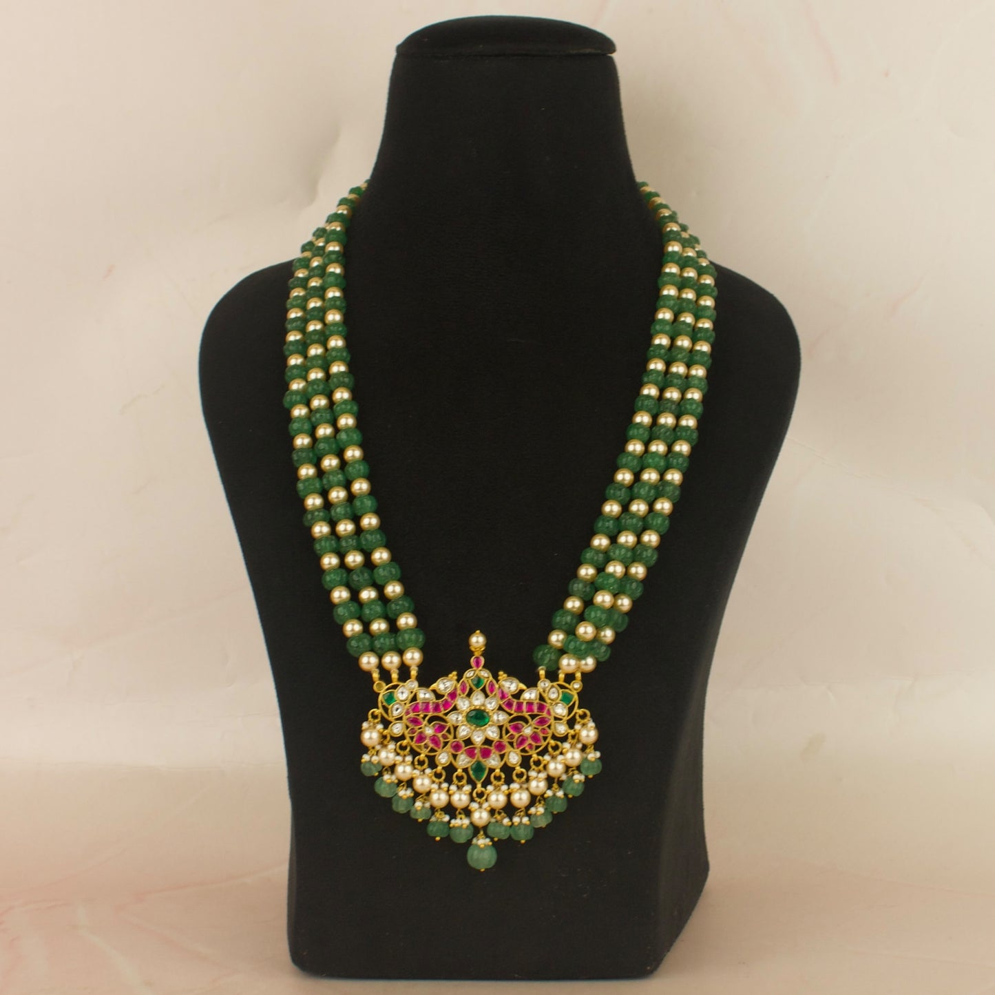 Opulent Floral Peacock Design Jadau Kundan haram with Green Beads