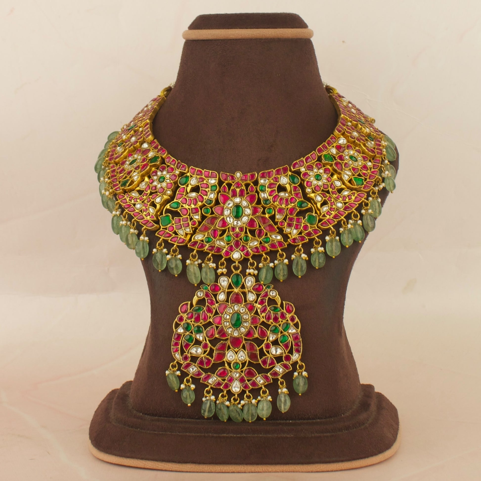Grand Bridal Floral Design Jadau Kundan Necklace with Green Beads