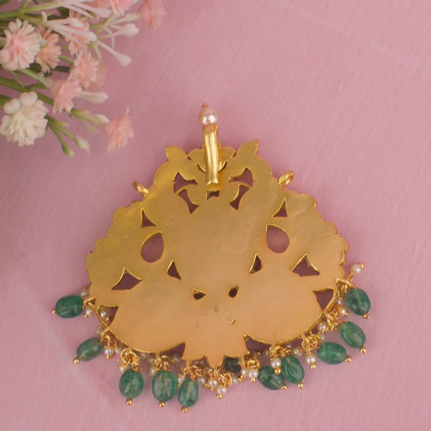 Traditional Multi Colour Jadau Kundan Pendant With Green Beads Hanging