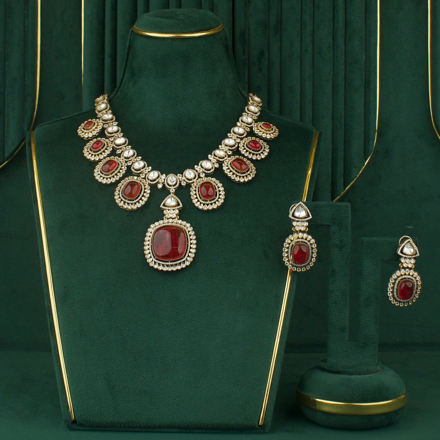 Deluxe Polki Mehandi Victorian Short Necklace With Matching Earrings