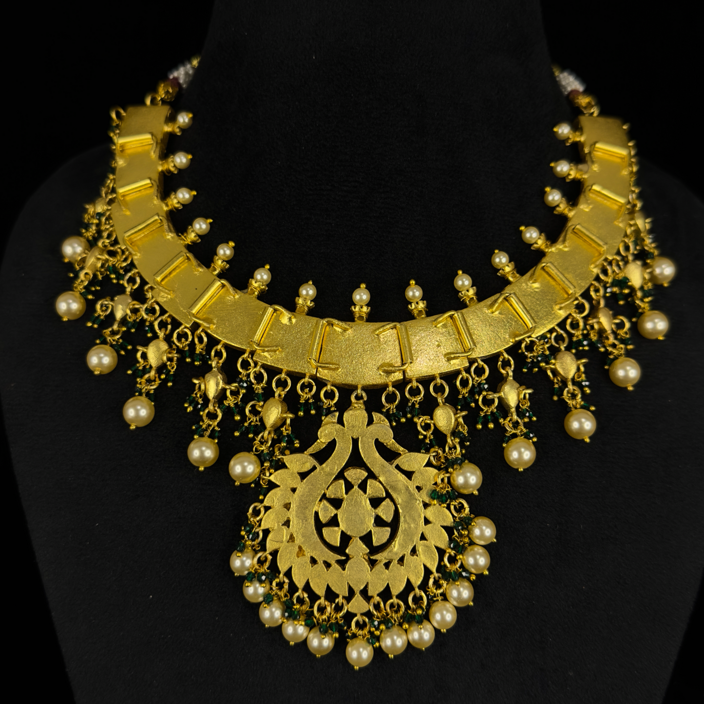 Opulent Jadau Kundan Necklace with Pearl and Green Accents - DULHAN JEWELS